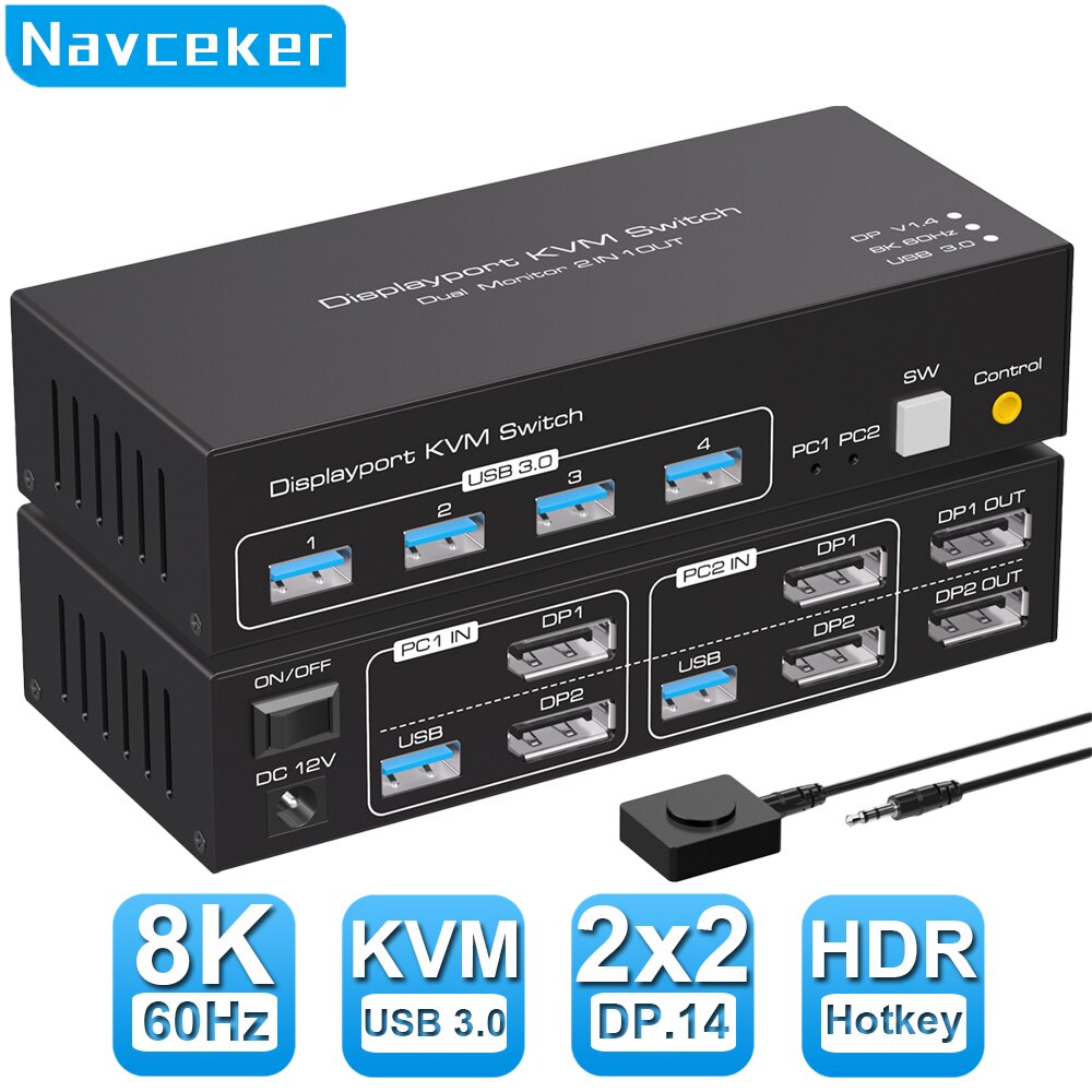Navceker   DP KVM ġ, 4K 120Hz 2x2 USB 3.0 HDMI KVM ġ, 2  2 ƿ, 8K 60Hz ȥ ÷, 2  2 ǻ